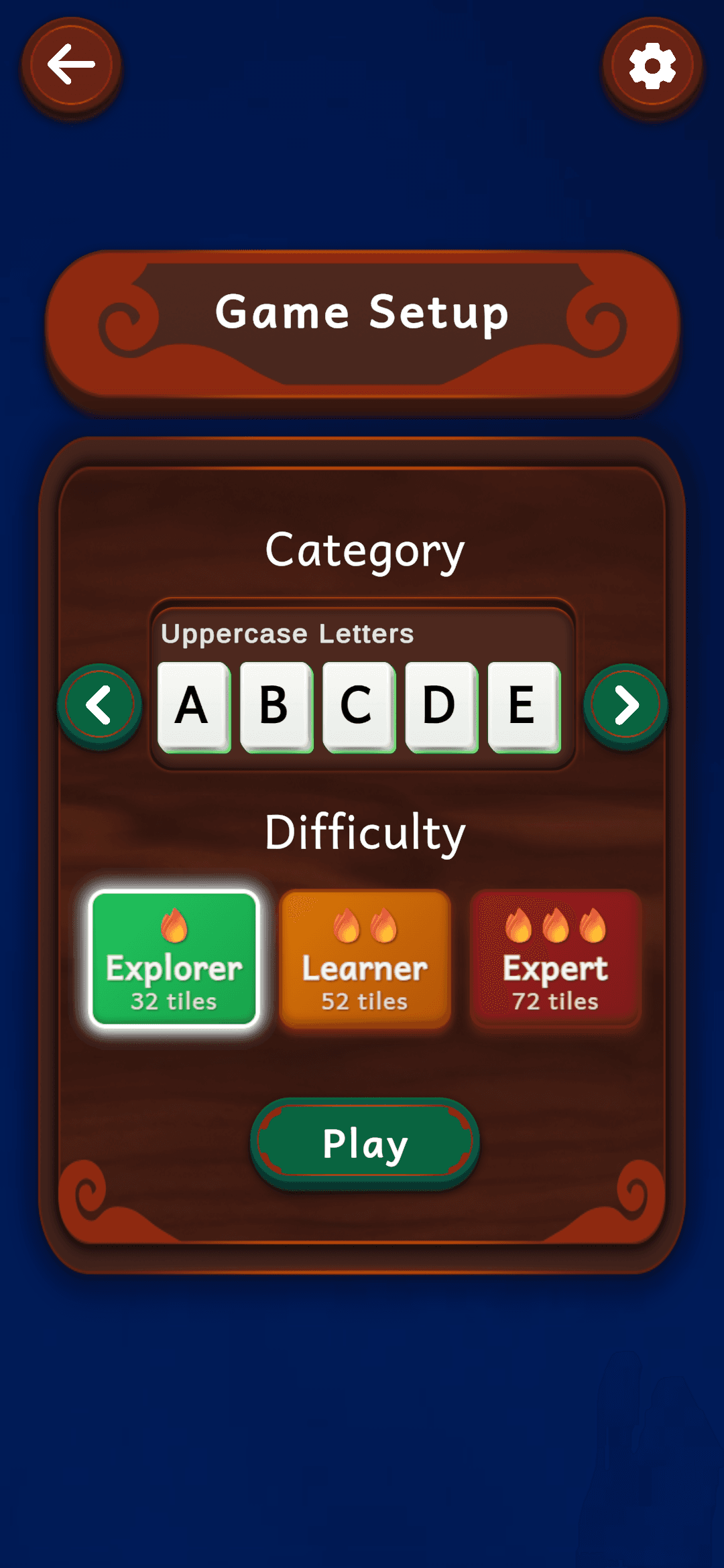 Game Setup - Choosing difficulty levels and themes